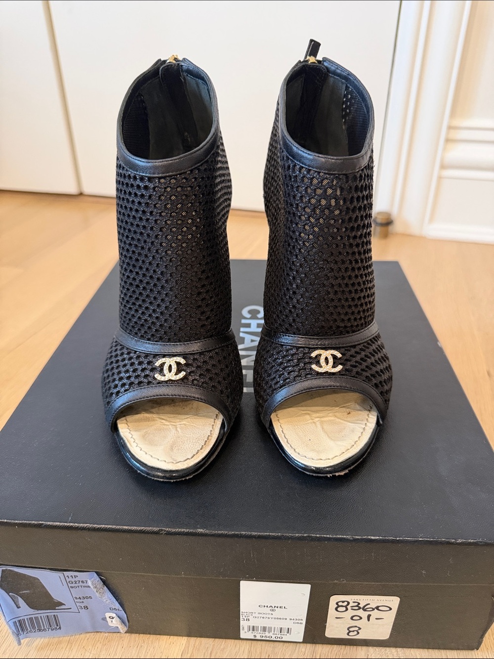 Chanel mesh CC peep toe ankle bootie 38